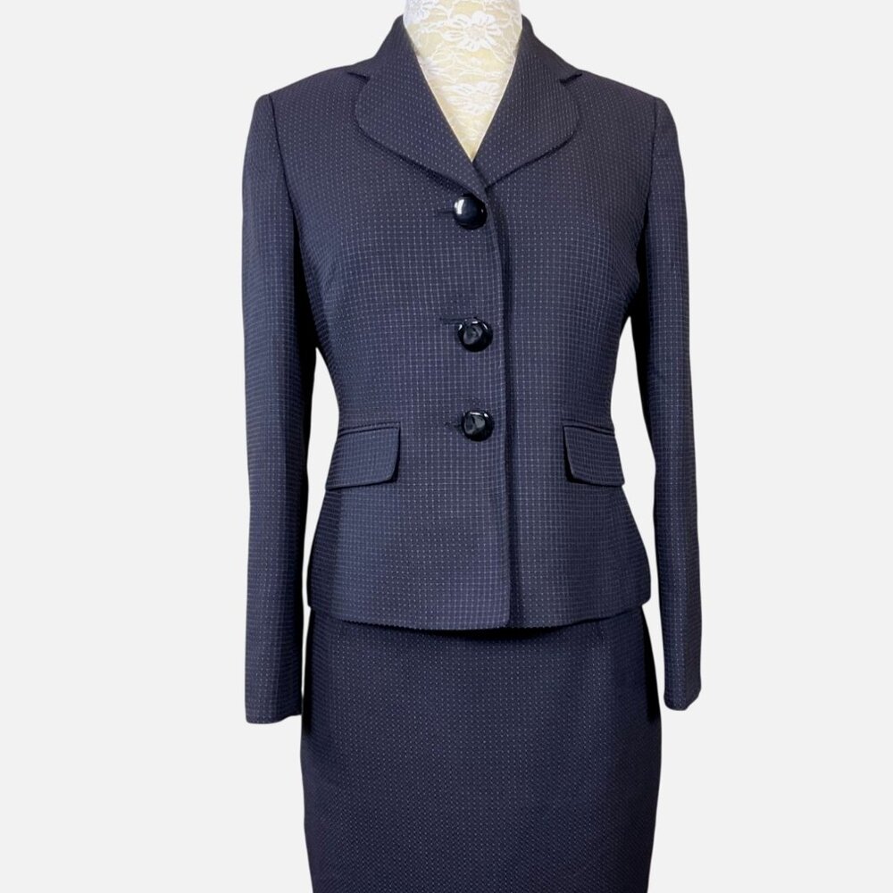 Le Suit Petite 3 Button Black & Pink Check Lined Suit Jacket & Skirt Set 6P